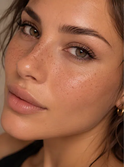 Vrouw met natuurlijk ogende faux freckles op neus en wangen