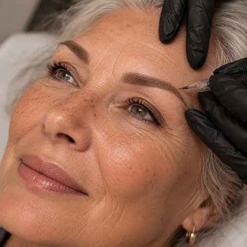 Powder brows bij een vrouw met grijs haar, tijdens de behandeling